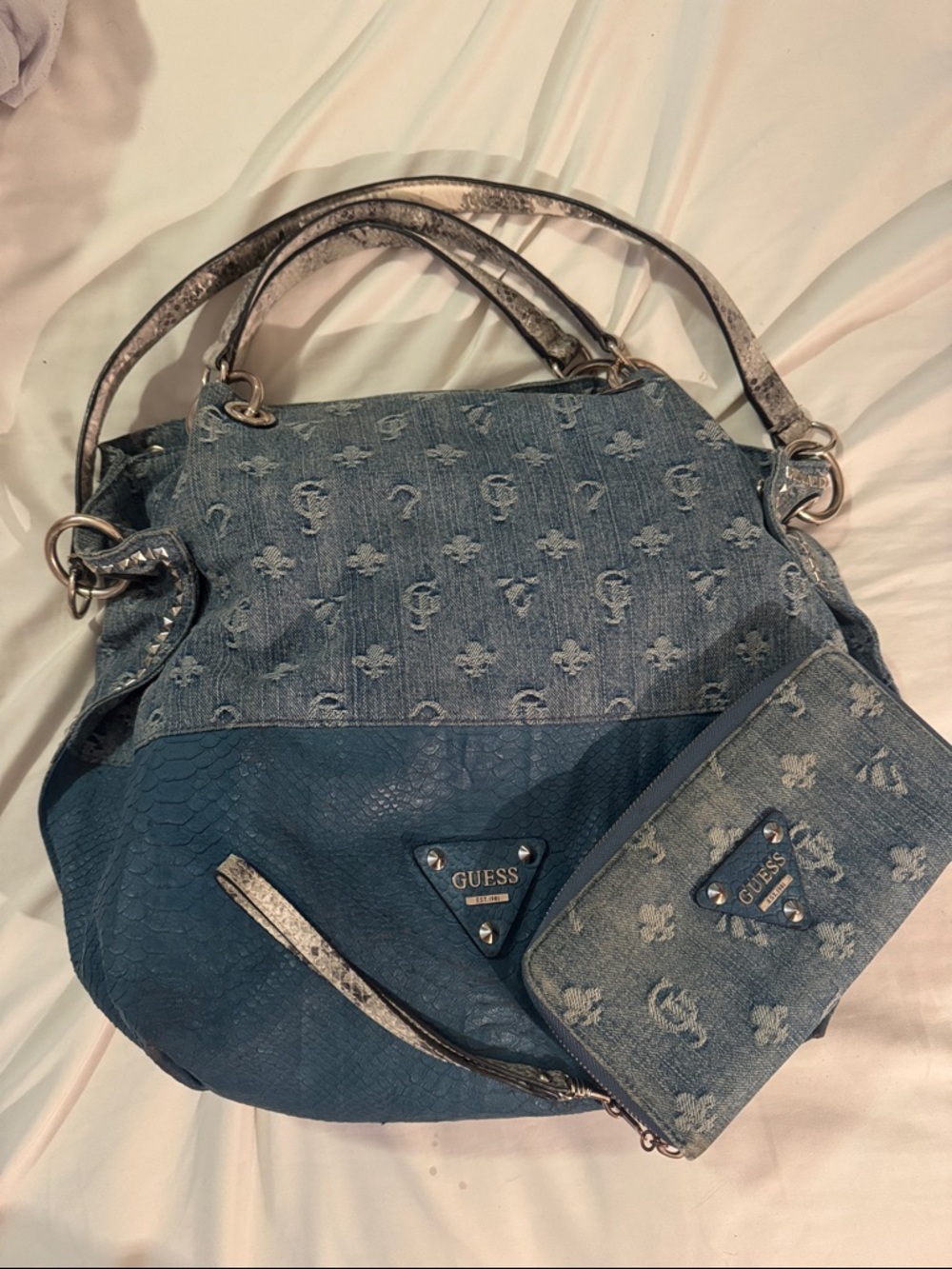 GUESS Blue Denim and Navy Logo Shoulder Bag with Matching Wristlet